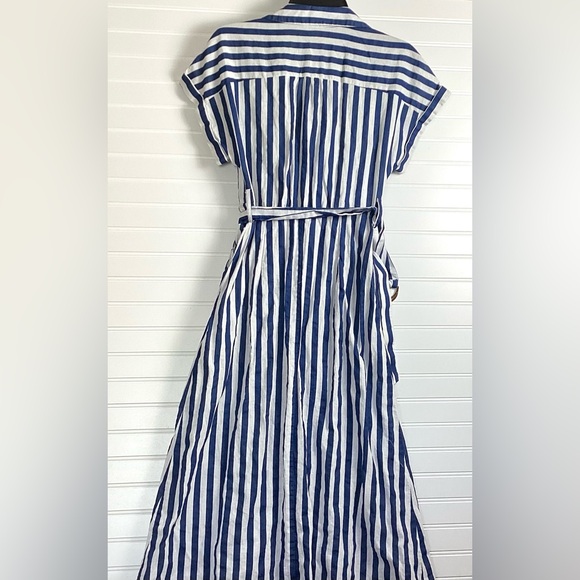Zara Midi Stripe Dress Linen Shirt Tunic Midi With Belt BlueWhite Size Small - Picture 5 of 12